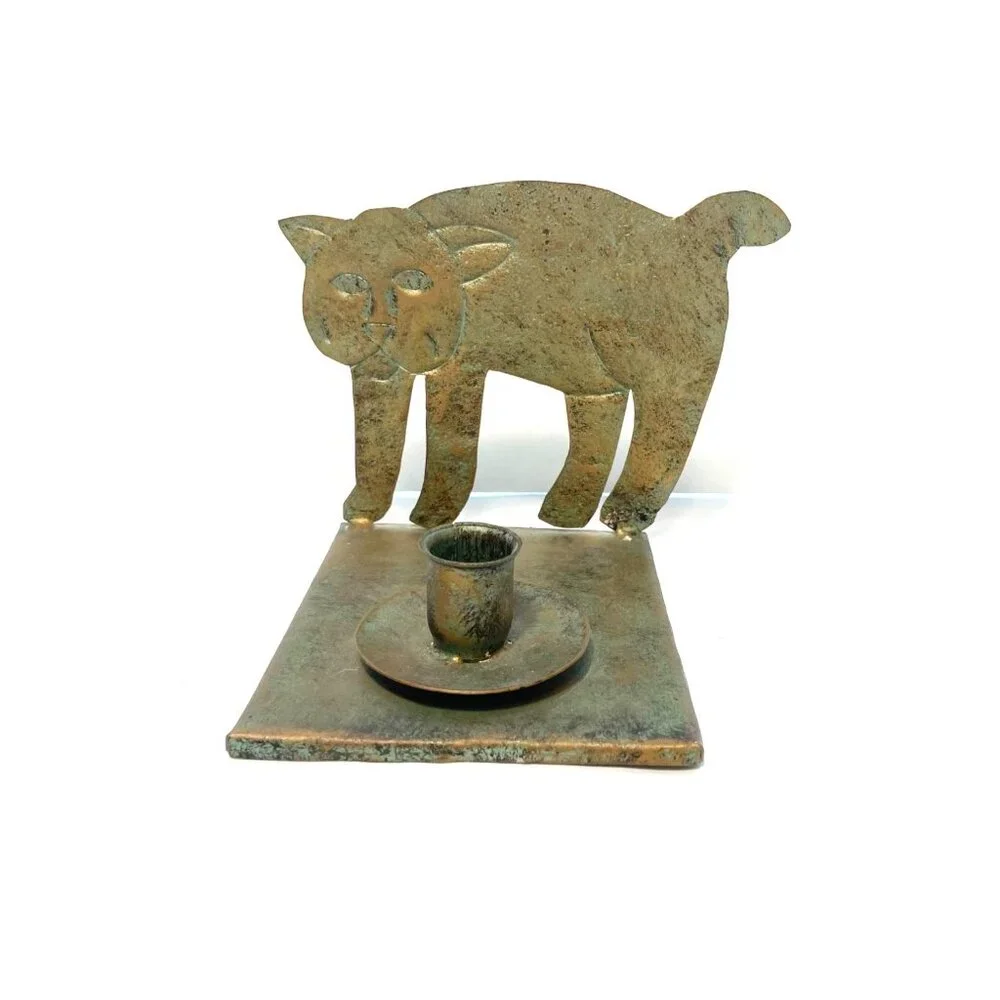 Cat Shaped Copper Brass Candle Holder Patina Taper Candles